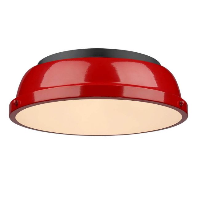 Golden Lighting Duncan 14 inch Flush Mount in Black with a Red Shade - 3602-14 BLK-RD