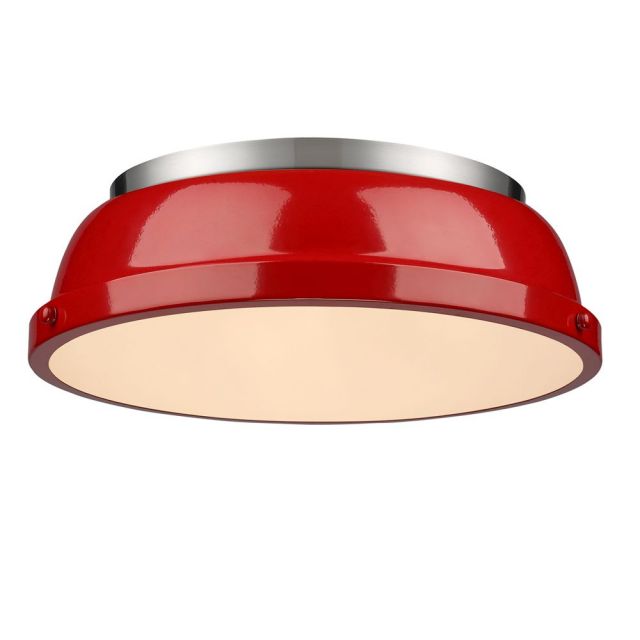 Golden Lighting Duncan 14 Inch Flush Mount In Pewter with Red Shade - 3602-14 PW-RD