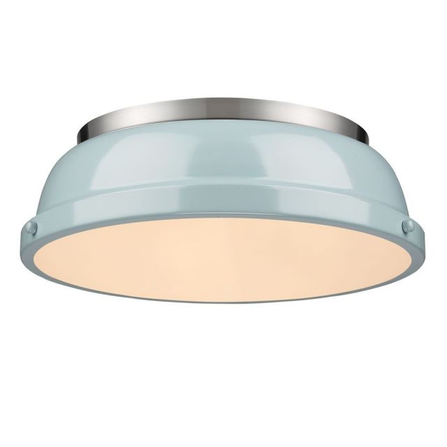 Golden Lighting Duncan 14 Inch Flush Mount In Pewter with Seafoam Shade - 3602-14 PW-SF