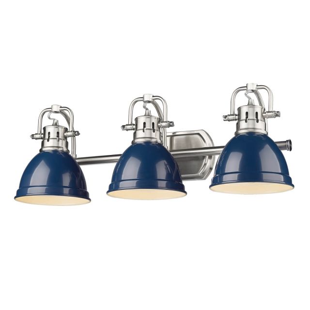 Golden Lighting Duncan 3 Light 25 inch Bath Vanity Light in Pewter with Navy Blue Shade 3602-BA3 PW-NVY