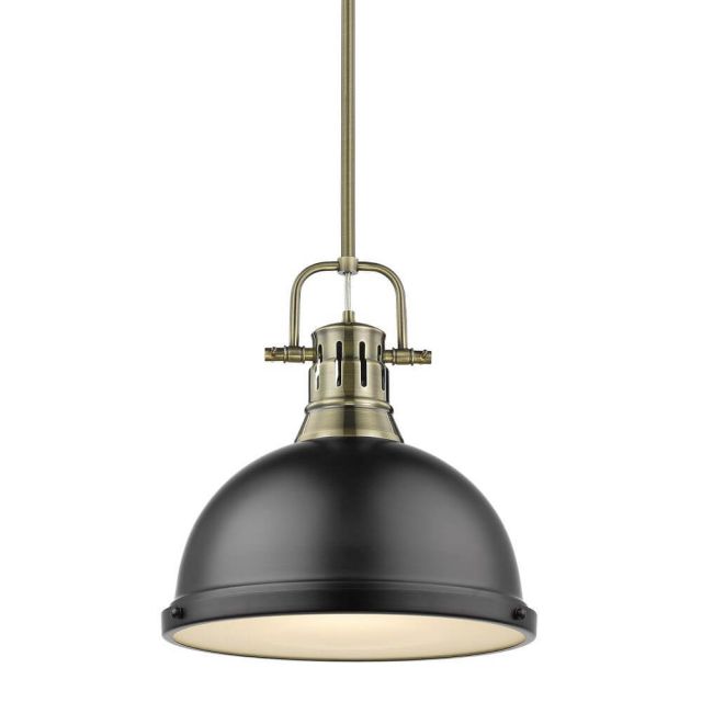 Golden Lighting 3604-L AB-BLK Duncan 1 Light 14 Inch Pendant In Aged Brass with a Matte Black Shade