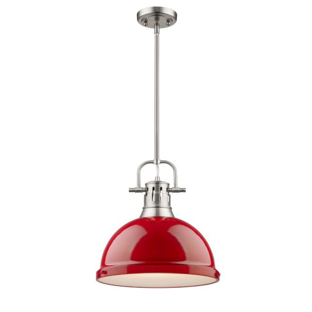 Golden Lighting 3604-L PW-RD Duncan 1 Light 14 Inch Pendant with Rod In Pewter with Red Shade