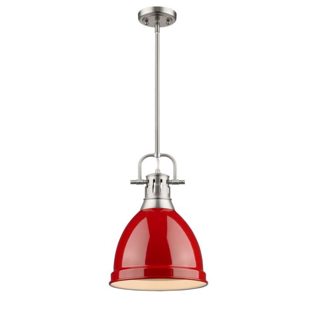 Golden Lighting 3604-S PW-RD Duncan 9 Inch Pendant with Rod In Pewter with Red Shade