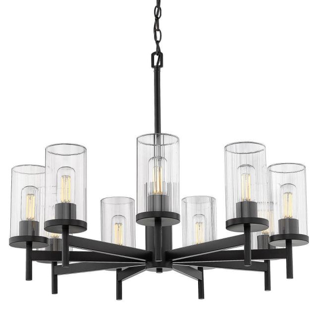 Golden Lighting 7011-9 BLK-CLR Winslett 9 Light 30 Inch Large Chandelier in Matte Black with Ribbed Clear Glass