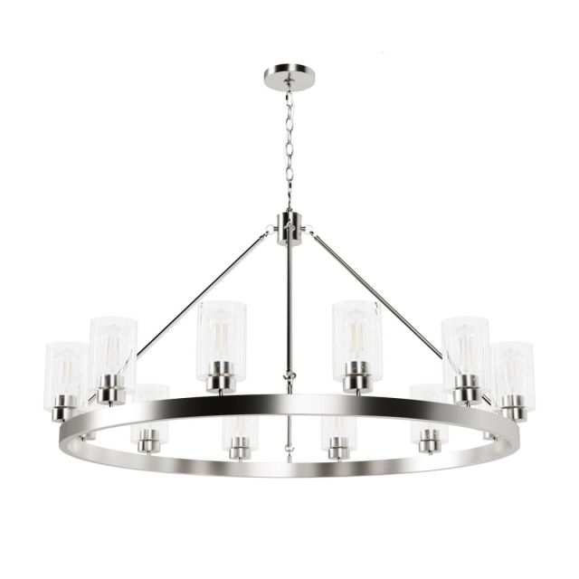 Hunter 13059 Hartland 12 Light 44 inch Wagon Wheel Chandelier in Brushed Nickel with Seeded Cylinder Glass