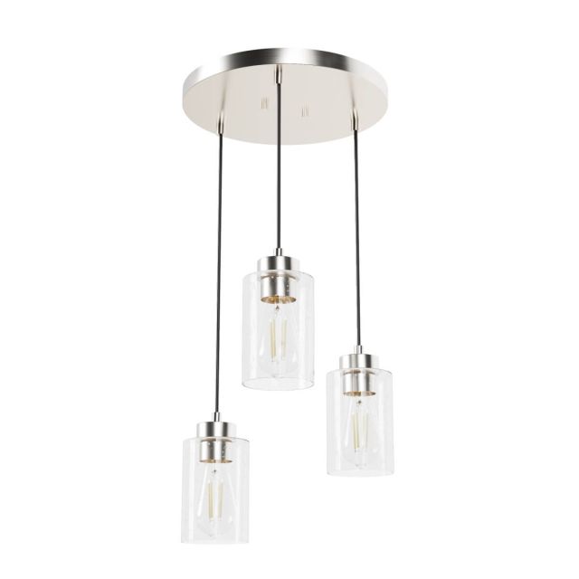 Hunter 13062 Hartland 3 Light 14 inch Cluster Pendant in Brushed Nickel with Seeded Cylinder Glass
