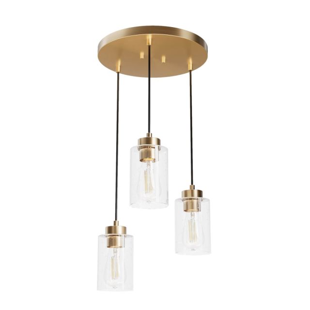 Hunter 13063 Hartland 3 Light 14 inch Cluster Pendant in Alturas Gold with Seeded Cylinder Glass