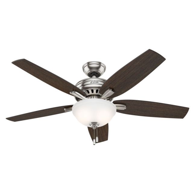 Hunter 53312 Newsome 52 Inch 2 Light Ceiling Fan In Brushed Nickel With 5 Medium Walnut Blade And Cased White Glass