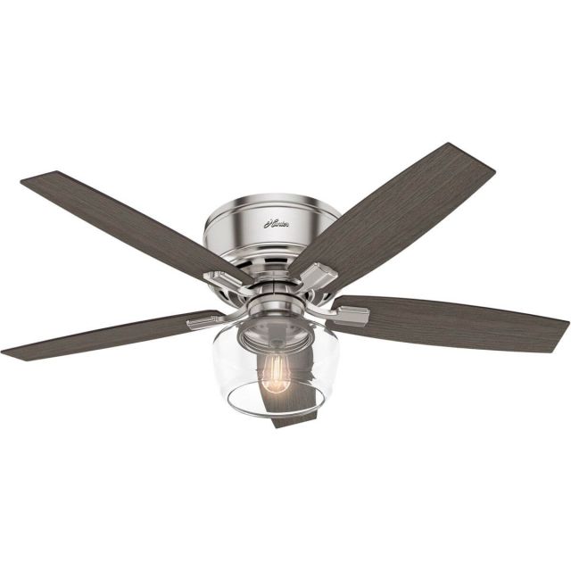 Hunter 53394 Bennett 1 LED Light 52 Inch Ceiling Fans In Brushed Nickel With 5 Grey Walnut Blade And Clear Glass