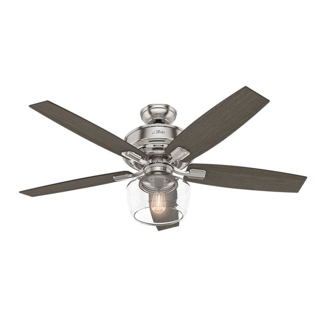 Hunter 54188 Bennett 1 LED Light 52 Inch Ceiling Fans In Brushed Nickel With 5 Grey Walnut Blade And Clear Glass