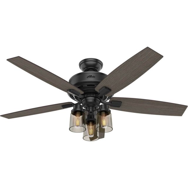 Hunter Bennett 3 LED Light 52 Inch Ceiling Fans In Matte Black 5 Grey Walnut Blade And Smoked Glass - 54189