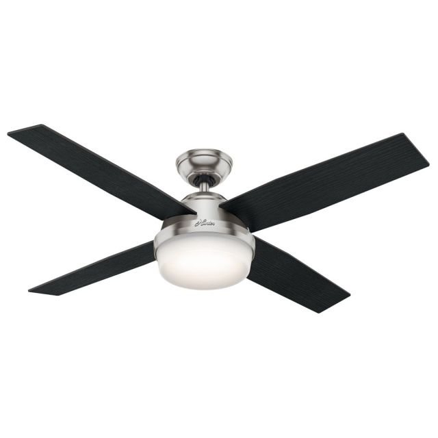 Hunter 59216 Dempsey 52 Inch 2 LED Light Ceiling Fan In Brushed Nickel With 4 Black Oak Blade And Cased White Glass - Remote Included
