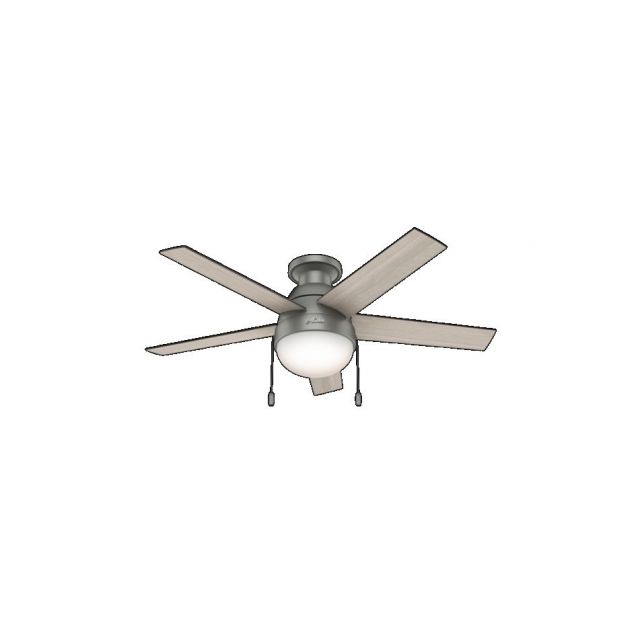 Hunter Anslee Low Profile 2 Light 46 Inch Ceiling Fans In Matte Silver 5 Light Grey Oak Blade And Cased White Glass - 59270
