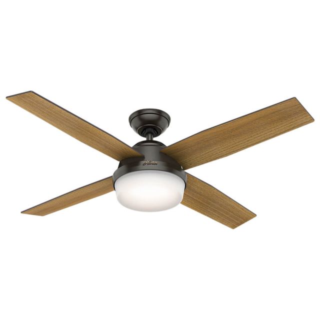Hunter 59446 Dempsey 2 LED Light 52 Inch Ceiling Fan In Noble Bronze With 4 Mid Century Walnut Blade And Cased White Glass