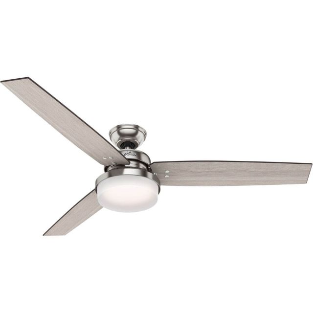 Hunter 59459 Sentinel 2 LED Light 60 Inch Ceiling Fan In Brushed Nickel With 3 Light Grey Oak Blade And Cased White Glass