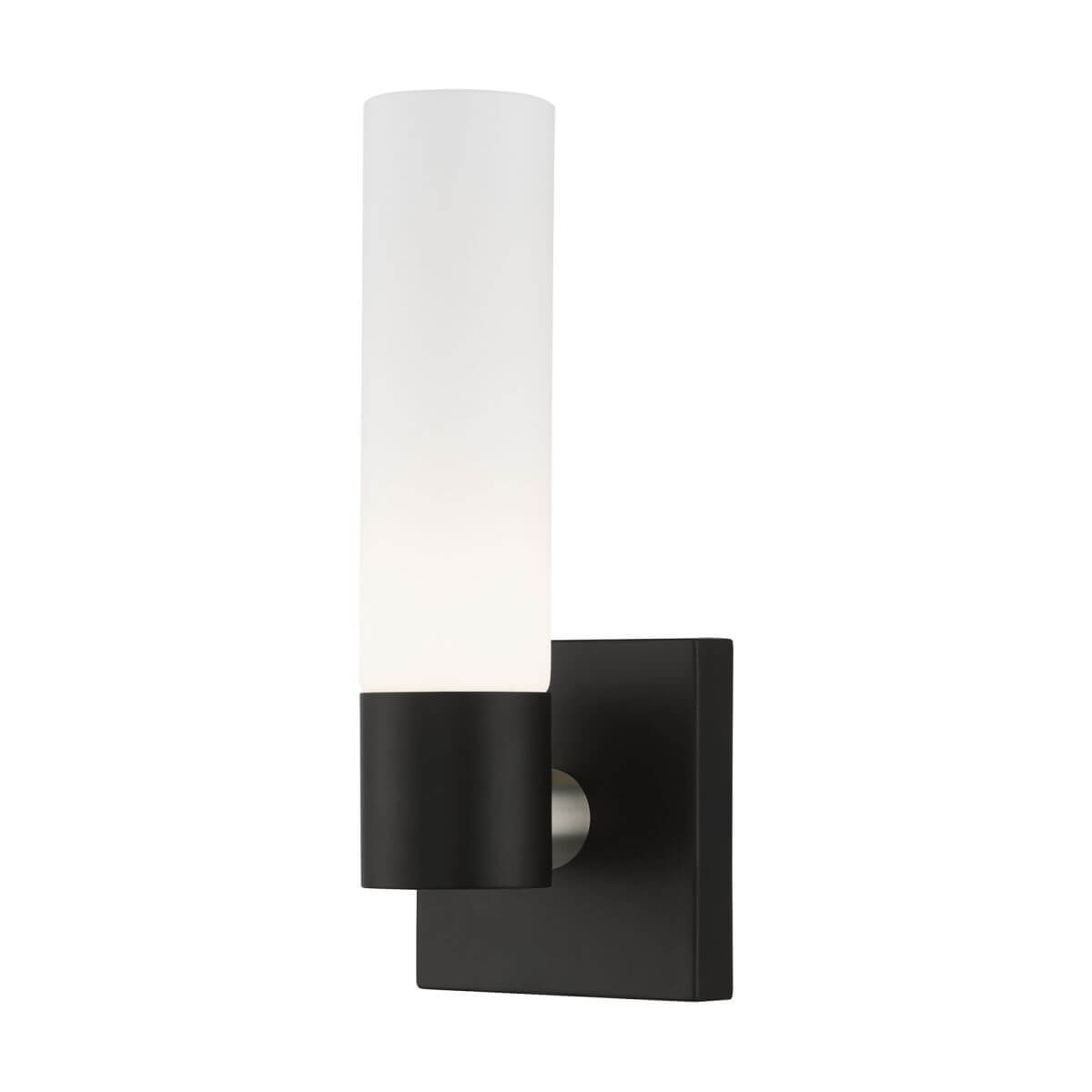 Livex 10101-04 Aero 1 Light 11 inch Tall Wall Sconce in Black-Brushed Nickel Accent with Hand Blown Satin Opal White Twist Lock Glass