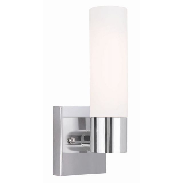 Livex 10101-05 Aero 1 Light 11 Inch Tall Wall Sconce In Polished Chrome with Satin Opal White Hand Blown Twist Lock Cylinder Glass
