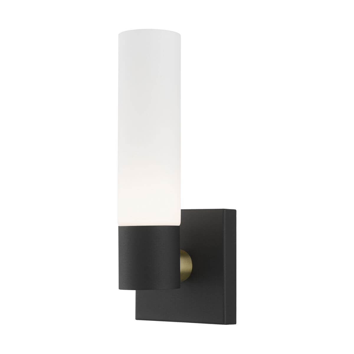 Livex 10101-14 Aero 1 Light 11 inch Tall Wall Sconce in Textured Black-Antique Brass Accent with Hand Blown Satin Opal White Twist Lock Glass