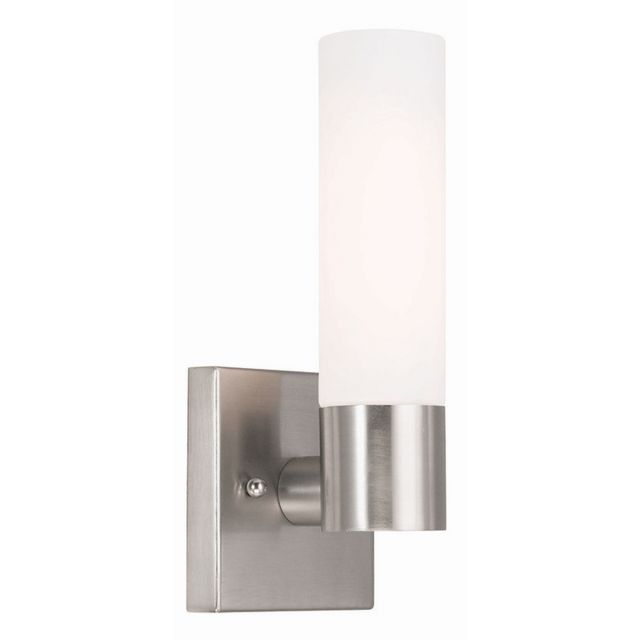 Livex 10101-91 Aero 1 Light 11 Inch Tall Wall Sconce In Brushed Nickel with Satin Opal White Hand Blown Twist Lock Cylinder Glass