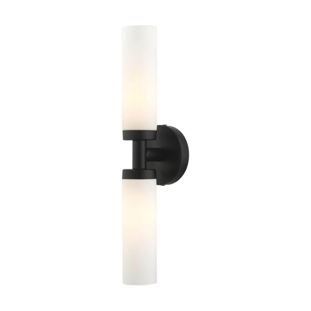 Livex 10104-04 Aero 2 Light 18 Inch Vanity Sconce in Black with Hand Blown Satin Opal White Glass