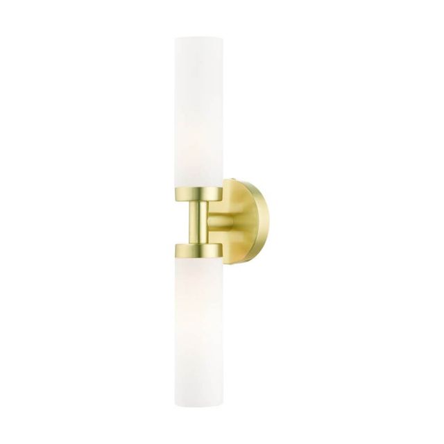 Livex 10104-12 Aero 2 Light 18 Inch Vanity Sconce in Satin Brass with Hand Blown Satin Opal White Glass