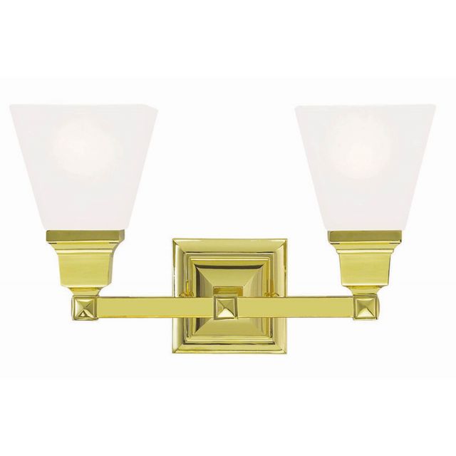 Livex 1032-02 Mission 2 Light 15 Inch Bath Lighting In Polished Brass with Satin Glass