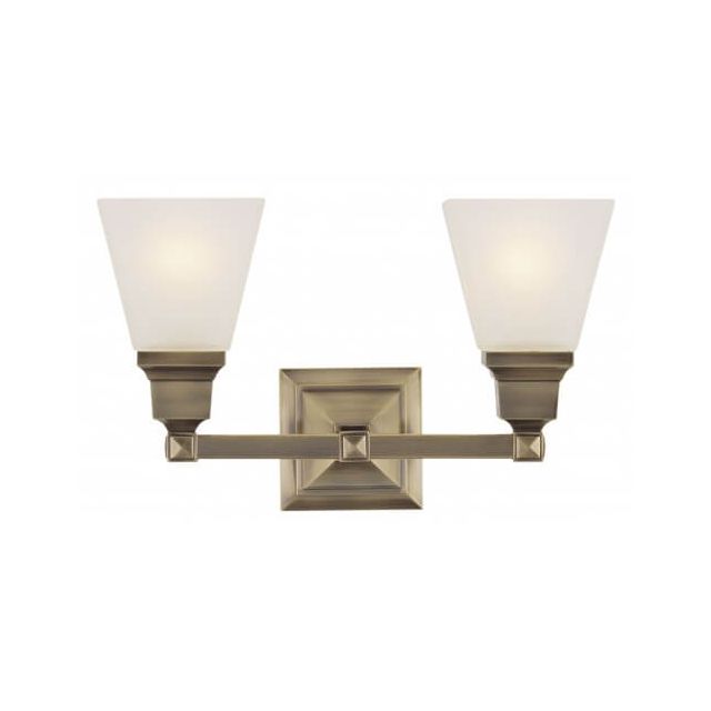 Livex 1032-01 Mission 2 Light 15 Inch Bath Lighting In Antique Brass With Satin Glass