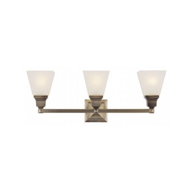 Livex 1033-01 Mission 3 Light 25 Inch Bath Lighting In Antique Brass With Satin Glass