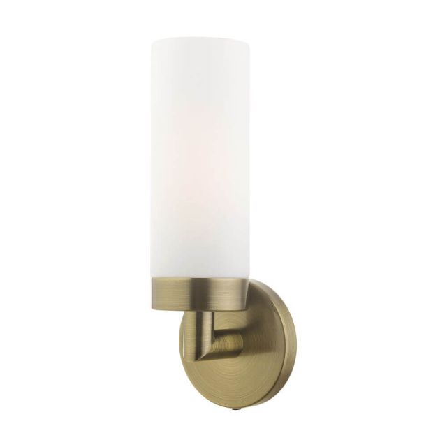 Livex 15071-01 Aero 1 Light 12 Inch Tall Wall Sconce in Antique Brass with Hand Blown Satin Opal White Glass