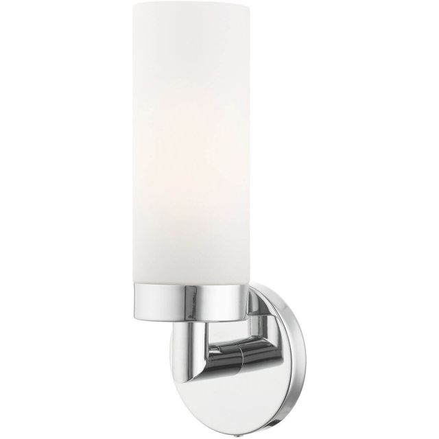 Livex 15071-05 Aero 1 Light 12 Inch Tall Wall Sconce in Polished Chrome with Hand Blown Satin Opal White Glass