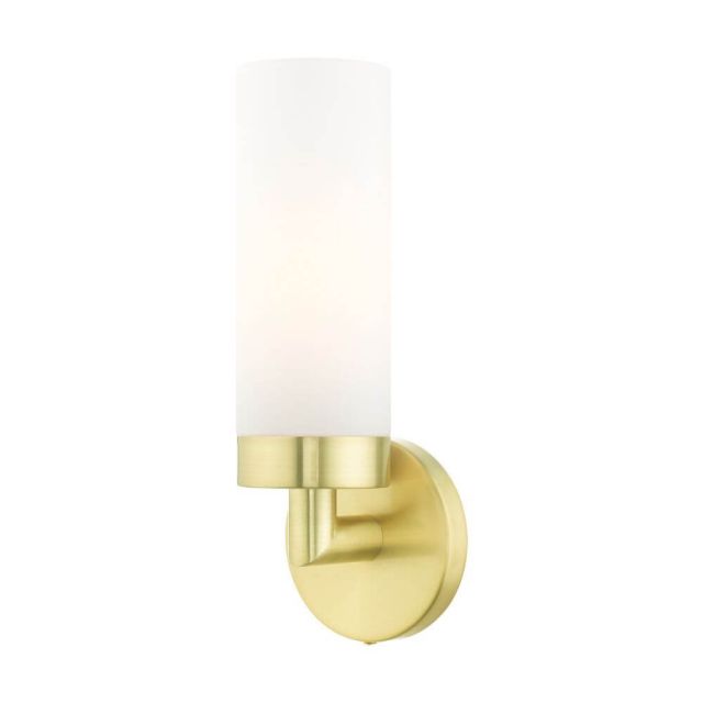 Livex 15071-12 Aero 1 Light 12 Inch Tall Wall Sconce in Satin Brass with Hand Blown Satin Opal White Glass