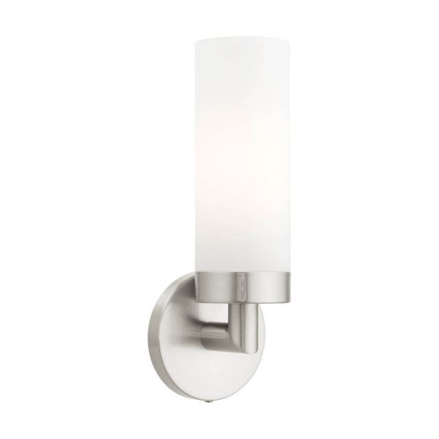Livex 15071-91 Aero 1 Light 12 Inch Tall Wall Sconce in Brushed Nickel with Hand Blown Satin Opal White Glass