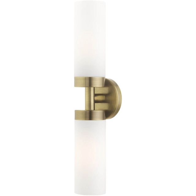 Livex 15072-01 Aero 2 Light 19 Inch Vanity Sconce in Antique Brass with Hand Blown Satin Opal White Glass