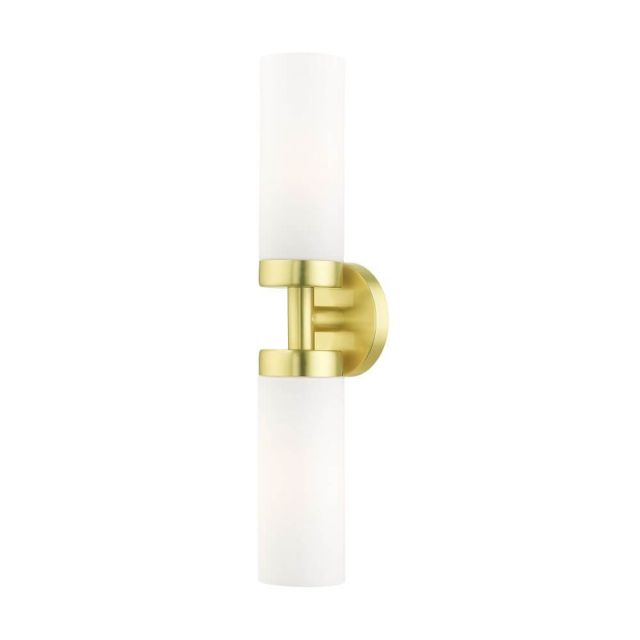 Livex 15072-12 Aero 2 Light 19 Inch Vanity Sconce in Satin Brass with Hand Blown Satin Opal White Glass