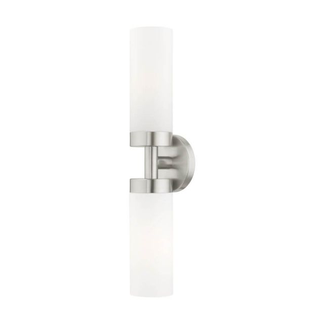 Livex 15072-91 Aero 2 Light 19 Inch Vanity Sconce in Brushed Nickel with Hand Blown Satin Opal White Glass