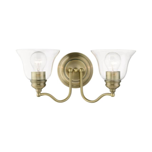 Livex 16932-01 Moreland 2 Light 15 inch Vanity Sconce in Antique Brass with Hand Blown Clear Glass