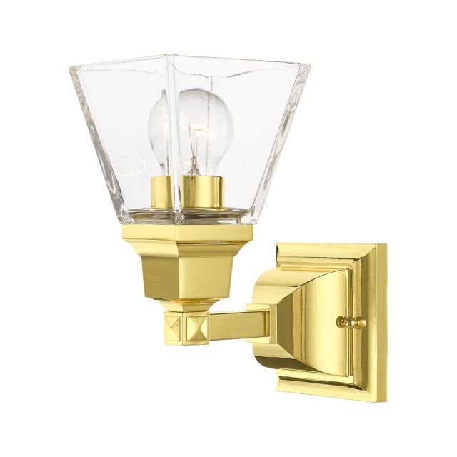 Livex 17171-02 Mission 1 Light 10 Inch Tall Wall Sconce in Polished Brass with Clear Glass