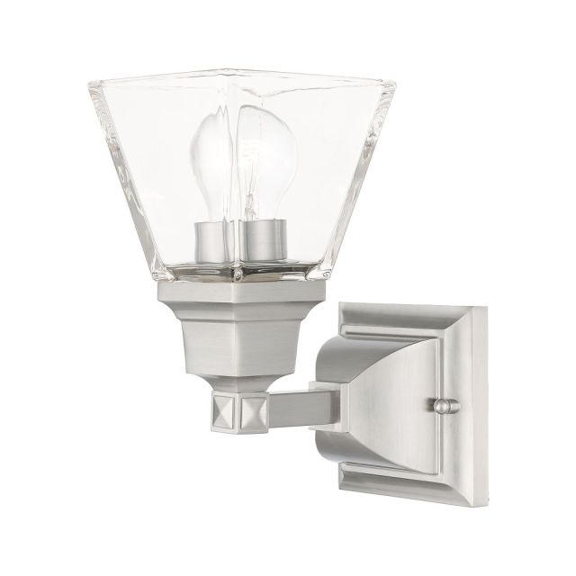 Livex 17171-91 Mission 1 Light 10 Inch Tall Wall Sconce in Brushed Nickel with Clear Glass