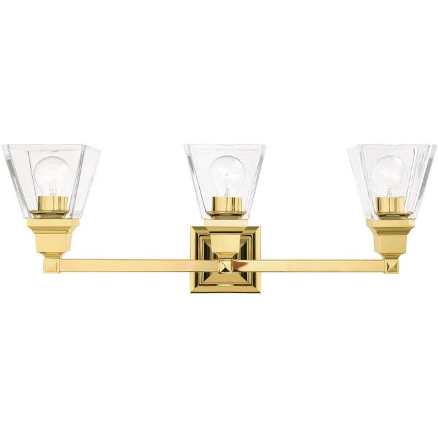 Livex 17173-02 Mission 3 Light 25 Inch Bath Vanity in Polished Brass with Clear Glass