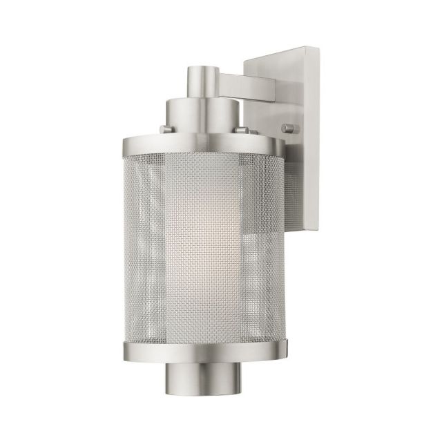 Livex Nottingham 1 Light 15 Inch Tall Outdoor Wall Lantern in Brushed Nickel with Brushed Nickel Stainless Steel Mesh and Satin Opal White Glass 20682-91