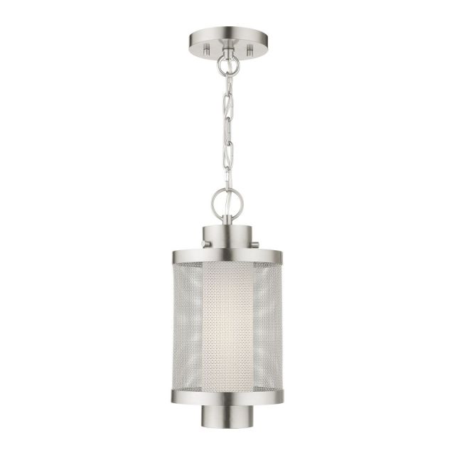 Livex Nottingham 1 Light 9 Inch Outdoor Pendant Lantern in Brushed Nickel with Brushed Nickel Stainless Steel Mesh and Satin Opal White Glass 20685-91