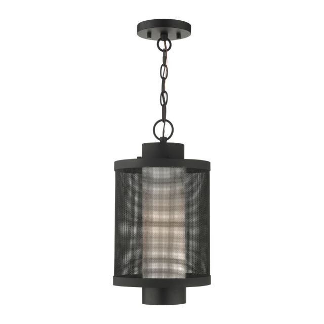 Livex Nottingham 1 Light 9 Inch Outdoor Pendant Lantern in Textured Black with Textured Black Stainless Steel Mesh and Satin Opal White Glass 20687-14