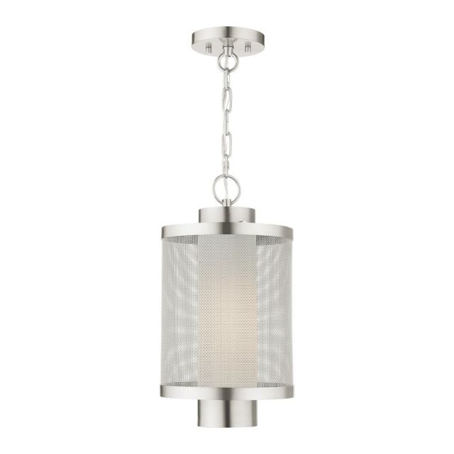 Livex Nottingham 1 Light 9 Inch Outdoor Pendant Lantern in Brushed Nickel with Brushed Nickel Stainless Steel Mesh and Satin Opal White Glass 20687-91