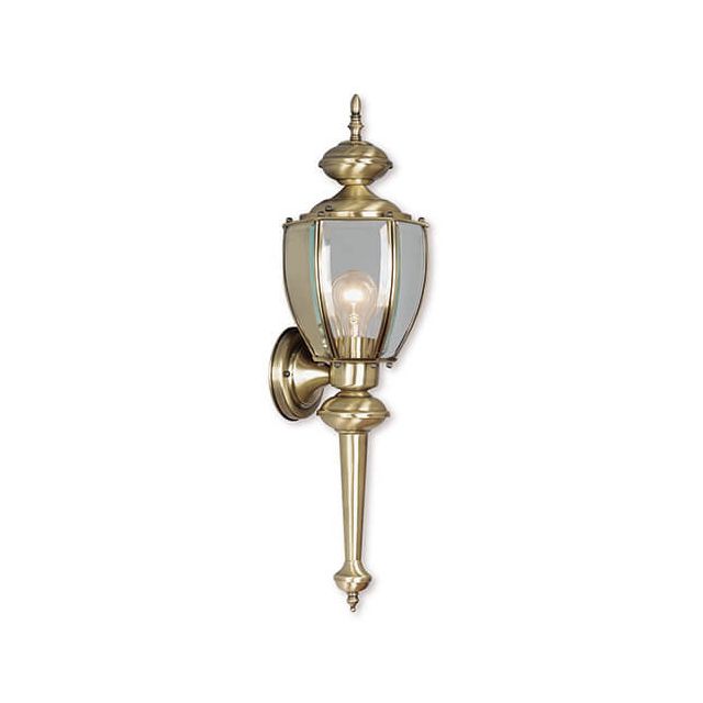 Livex 2112-01 Outdoor Basics 1 Light 25 Inch Tall Outdoor Wall Lantern In Antique Brass With Clear Beveled Glass