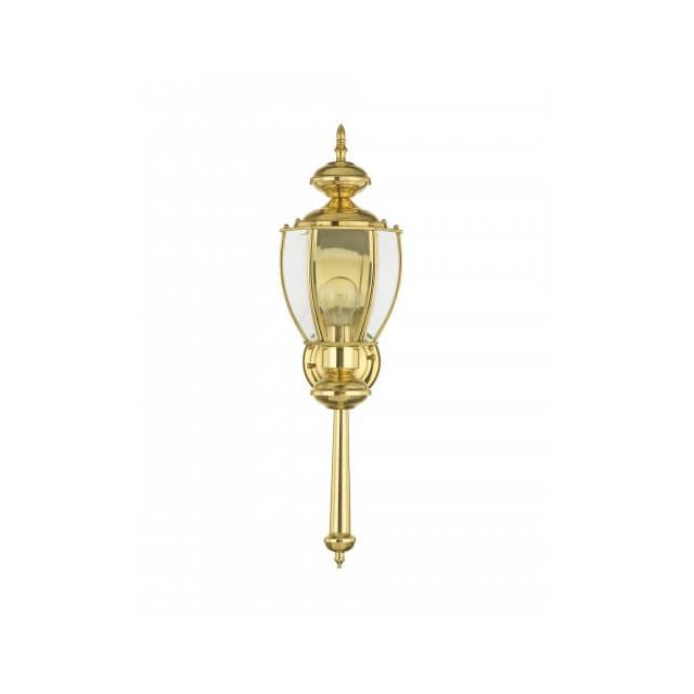 Livex 2112-02 Outdoor Basics 1 Light 25 Inch Tall Outdoor Wall Lantern In Polished Brass with Clear Beveled Glass