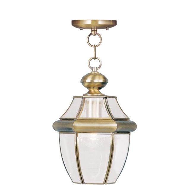 Livex 2152-01 Monterey 1 Light 9 Inch Outdoor Hanging Lantern In Antique Brass with Clear Beveled Glass