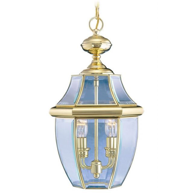 Livex 2255-02 Monterey 2 Light 11 Inch Outdoor Hanging Lantern In Polished Brass with Clear Beveled Glass