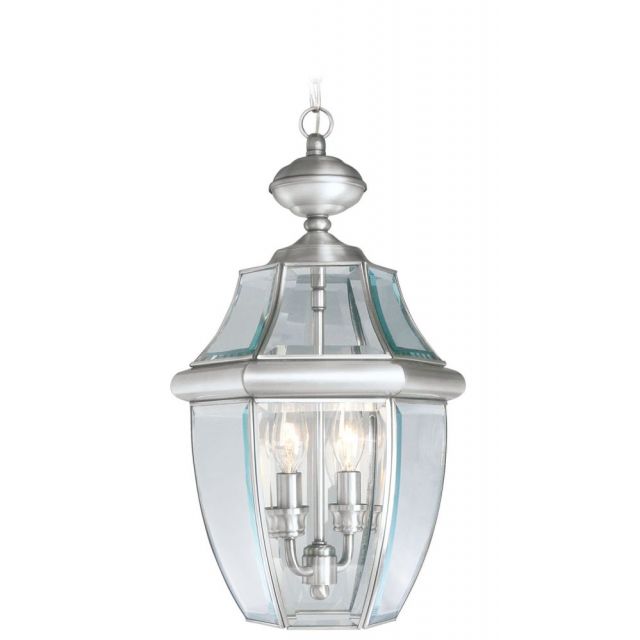 Livex 2255-91 Monterey 2 Light 11 Inch Outdoor Hanging Lantern In Brushed Nickel with Clear Beveled Glass