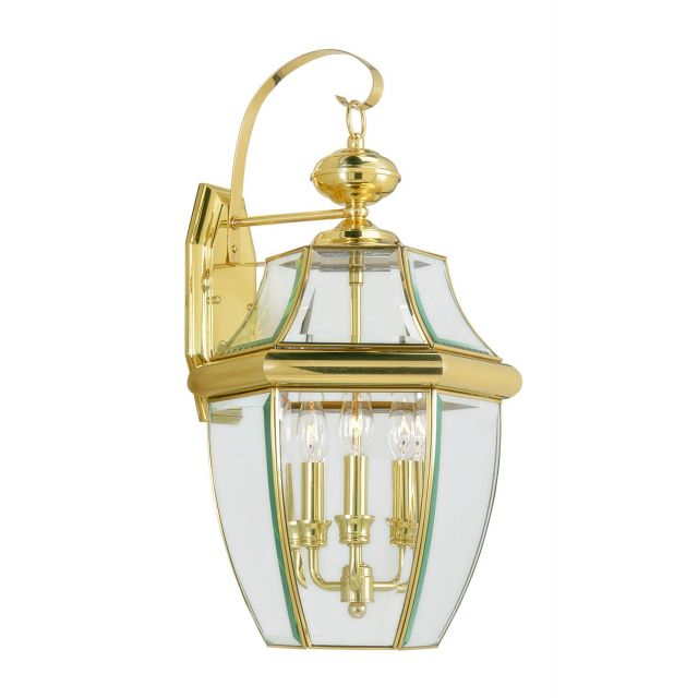 Livex 2351-02 Monterey 3 Light 23 Inch Tall Outdoor Wall Lantern In Polished Brass with Clear Beveled Glass