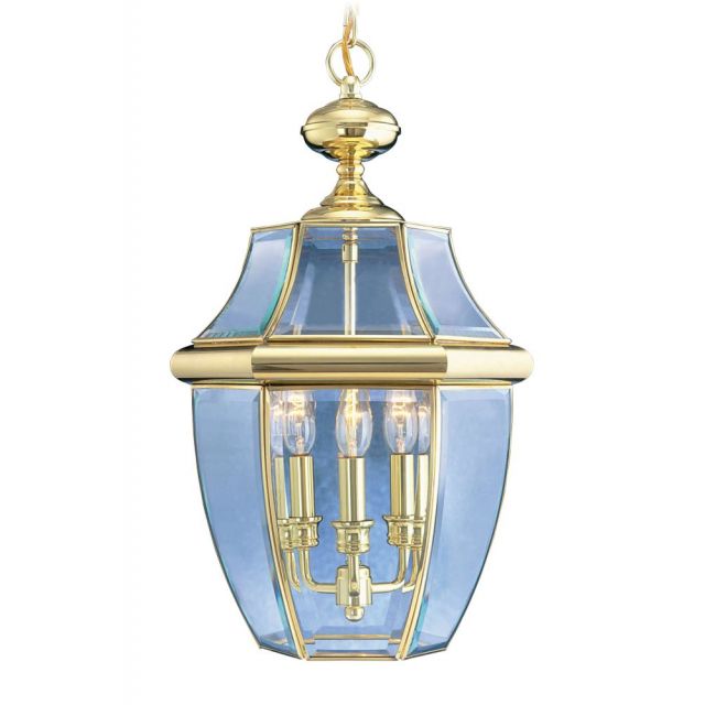 Livex 2355-02 Monterey 3 Light 13 Inch Outdoor Hanging Lantern In Polished Brass with Clear Beveled Glass